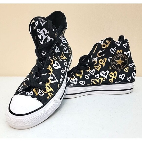Converse 560902F CTAS Hi Black White Gold Hearts Women's Size 7 - Picture 1 of 12
